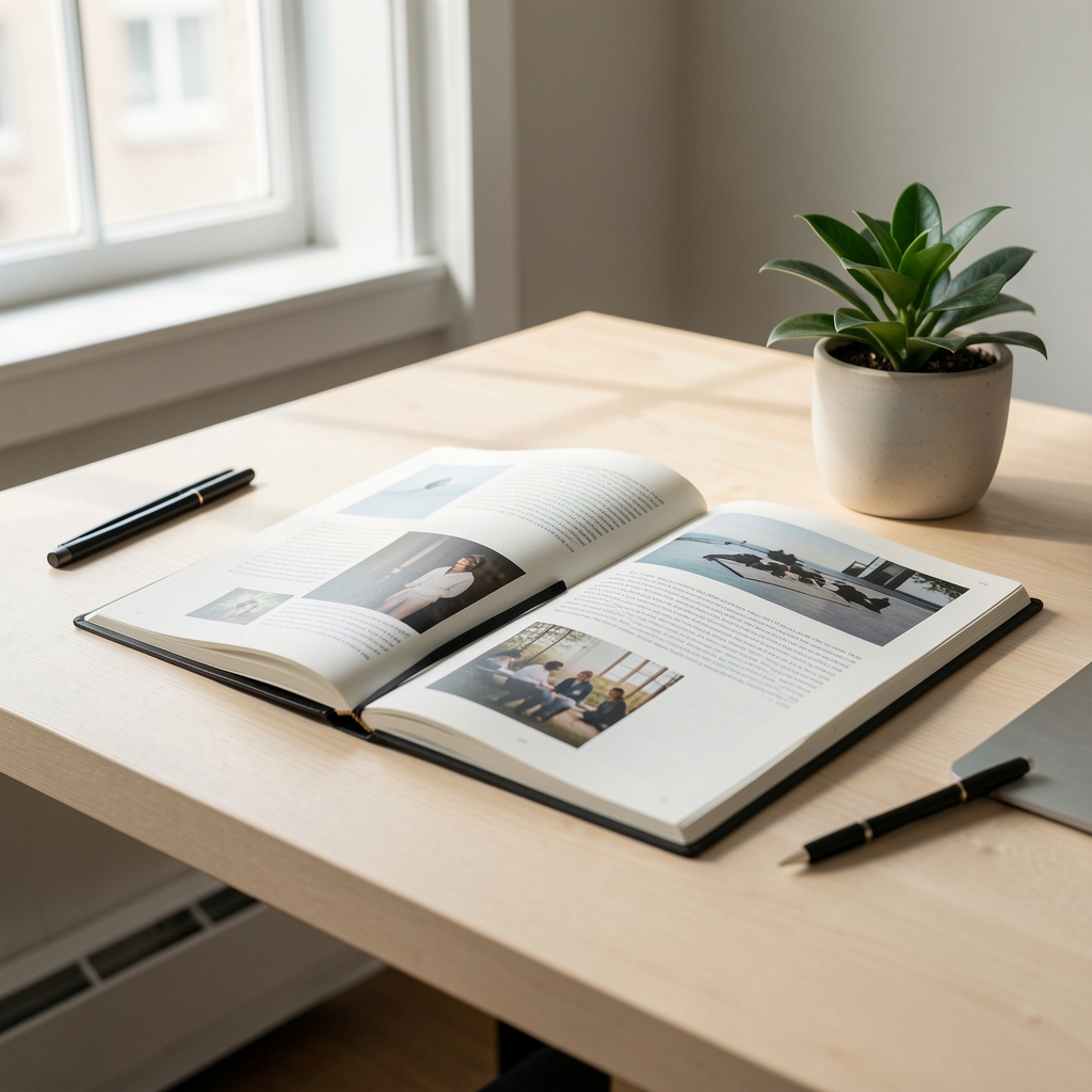 Editorial desk with printed research papers, a notebook open to food notes, and a simple plate with seasonal ingredients in a well-lit London studio