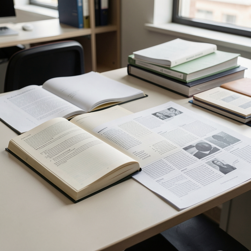 Open research notes and printed journal pages arranged on a light surface, editorial working environment