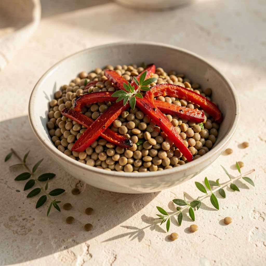 A ceramic bowl with lentils, roasted red pepper strips and fresh herbs arranged on a pale stone surface with natural afternoon light