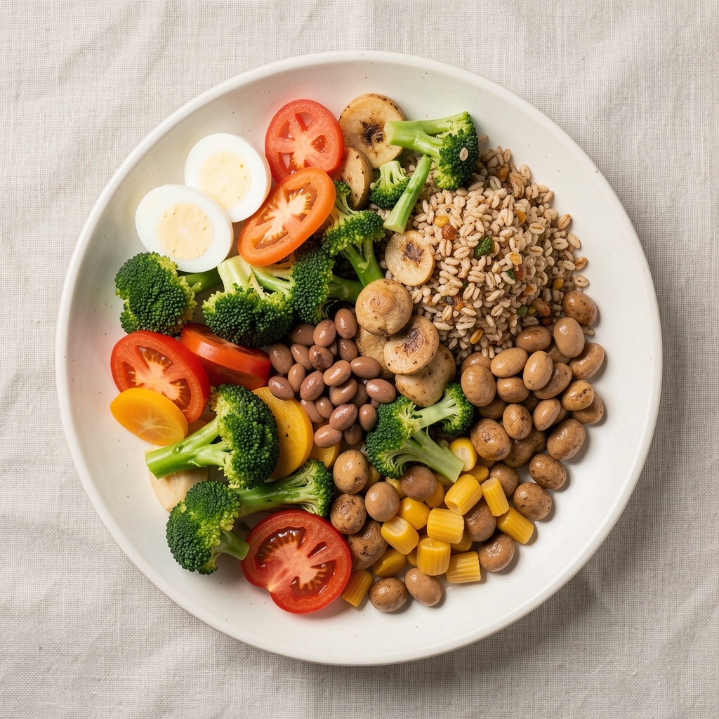 Overhead view of a whole grain lunch plate with vegetables and legumes on a pale linen surface, editorial still life