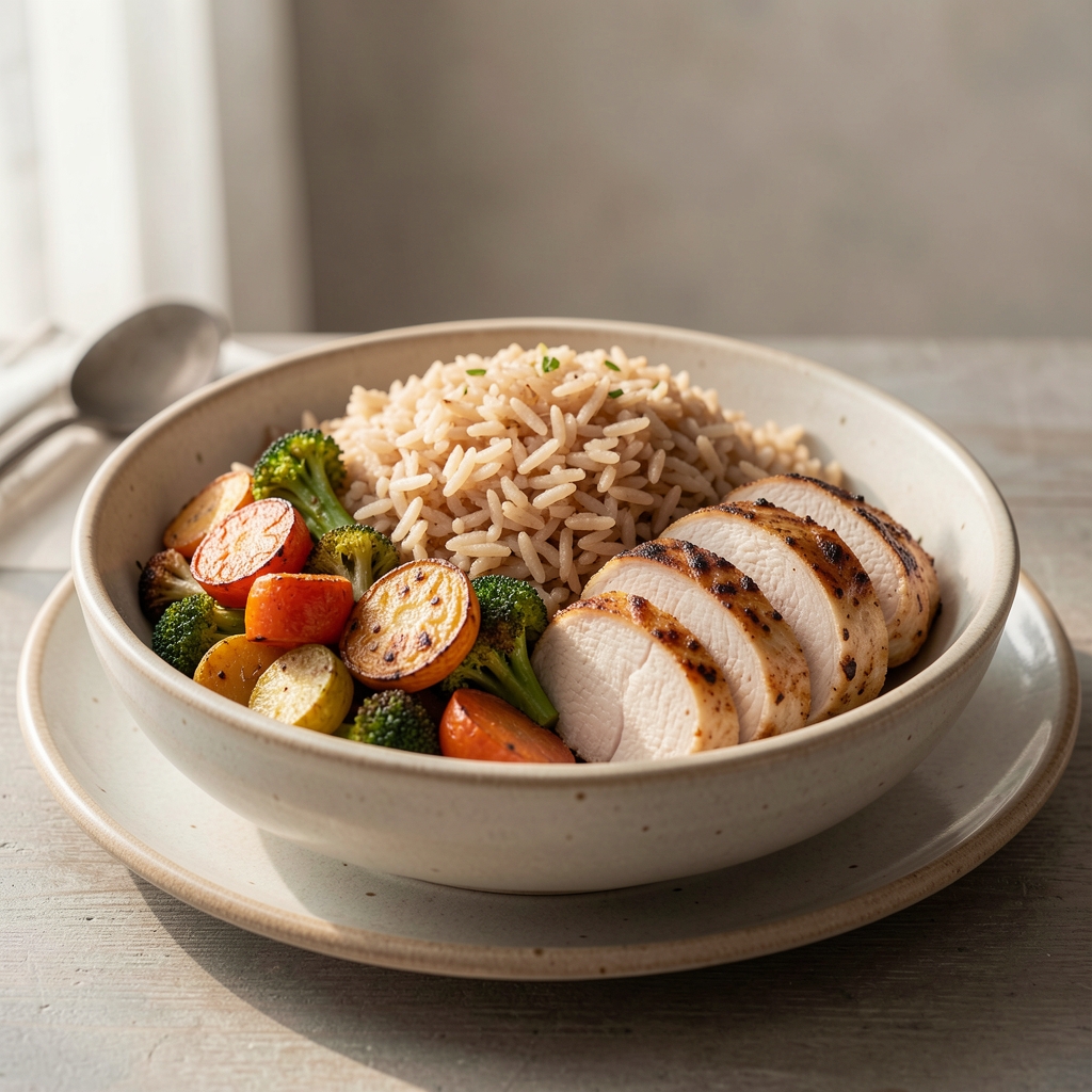 Bowl of cooked brown rice with roasted vegetables and sliced grilled chicken breast on a ceramic plate in natural daylight