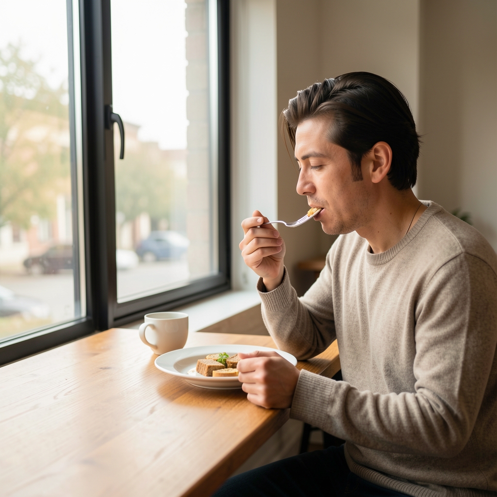 A person eating a light meal slowly at a wooden desk beside a large window with diffused afternoon light