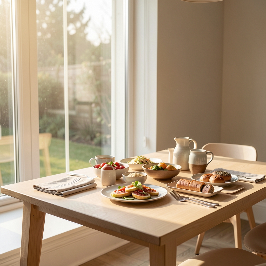 Afternoon light coming through a tall window onto a pale wooden table with a light meal arranged in natural tones