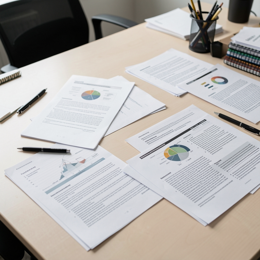 Research notes and printed pages spread across a pale desk, editorial process in progress